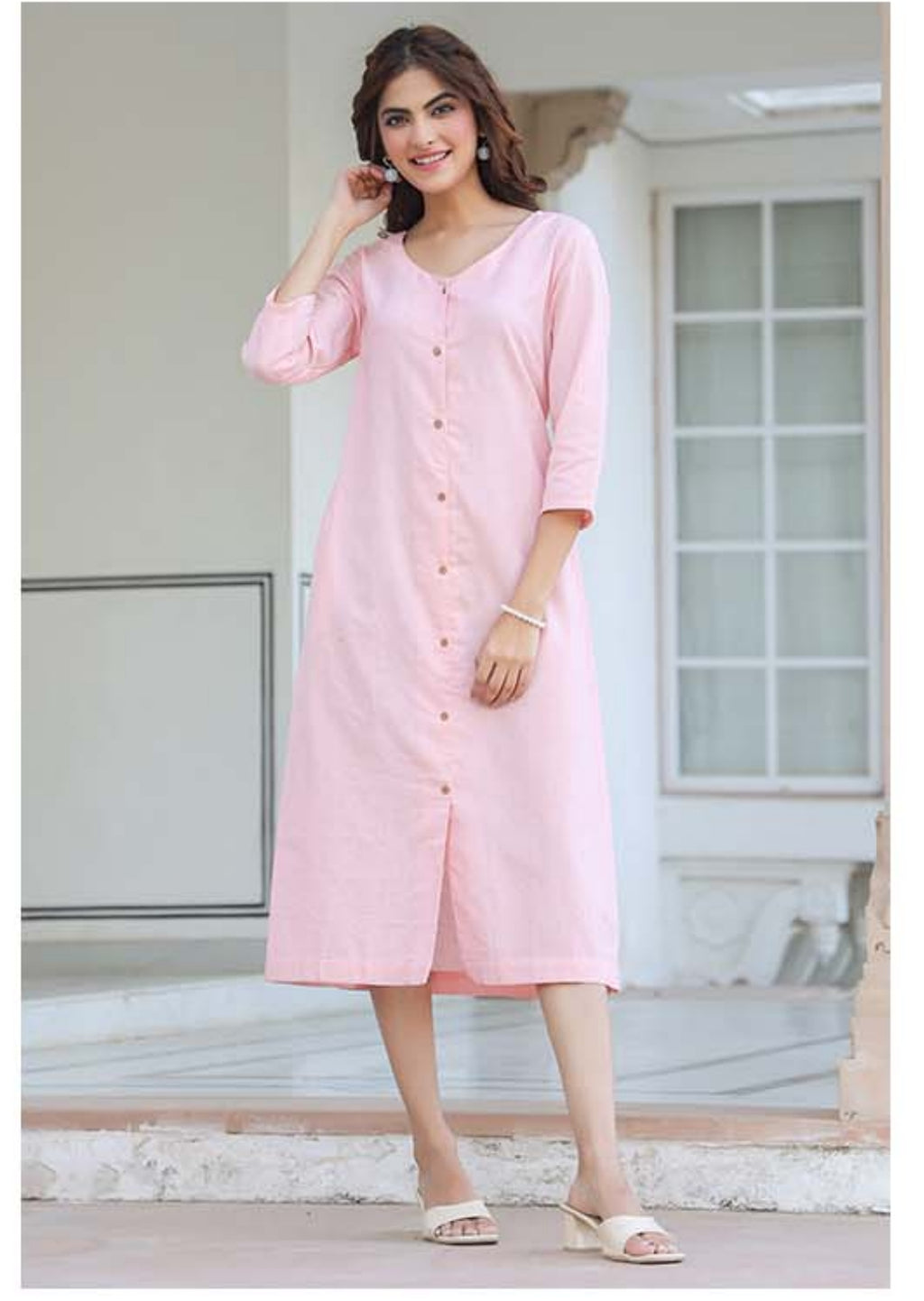 Pink Cotton Solid A-line Dress