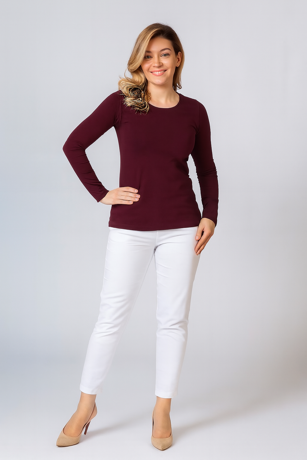 Women's Beige colour Long Sleeve T-Shirt, Slim Fit Lightweight Casual Tops, Natural Comfortable 100% Cotton, S-2XL