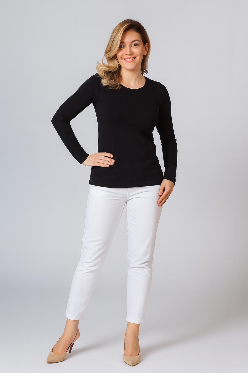 Women's Beige colour Long Sleeve T-Shirt, Slim Fit Lightweight Casual Tops, Natural Comfortable 100% Cotton, S-2XL